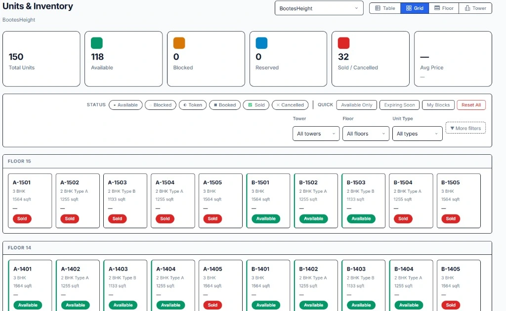 Live tower inventory grid showing units by floor and availability